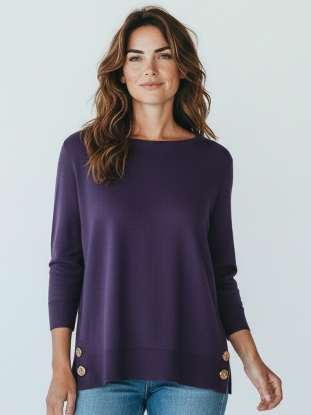 Cable and Gauge Purple ladies Sweater L Gold accent buttons. Good condition